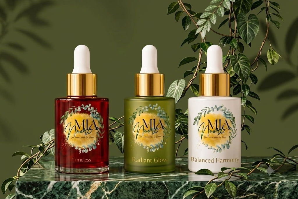 Mia Noore Complete Ritual — Timeless, Radiant Glow and Balanced Harmony full-size facial oils on marble with botanicals